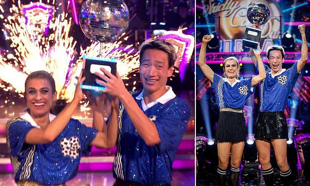 Karen Carney and Carlos pose with Glitterball Trophy in official snaps